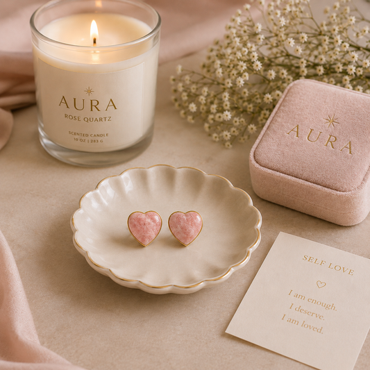 Heart-Shaped Rose Quartz Stud Earrings in Yellow Gold