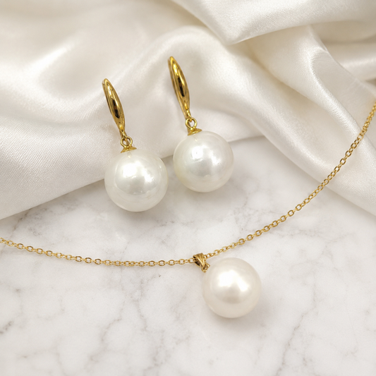 Classic White Pearl Drop Earrings in Yellow Gold