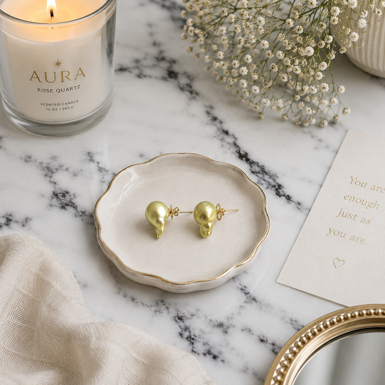 Golden Green Baroque Pearl Stud Earrings in Yellow Gold