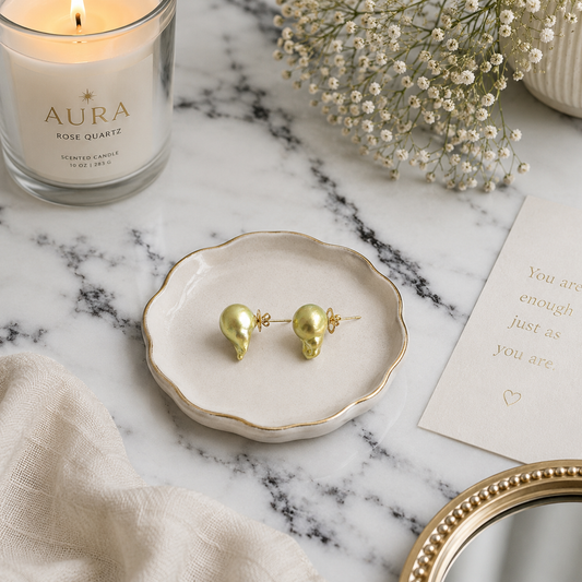 Golden Green Baroque Pearl Stud Earrings in Yellow Gold