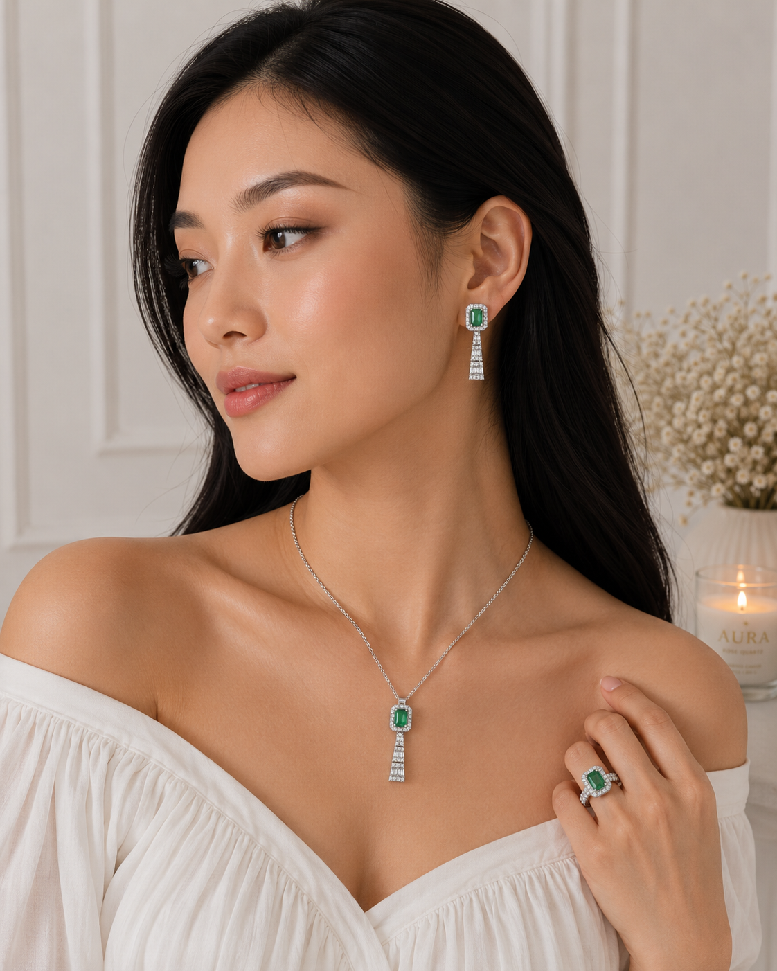 White Gold Emerald Halo Articulated Jewelry Set
