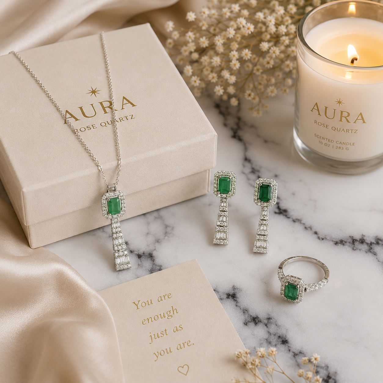 White Gold Emerald Halo Articulated Jewelry Set