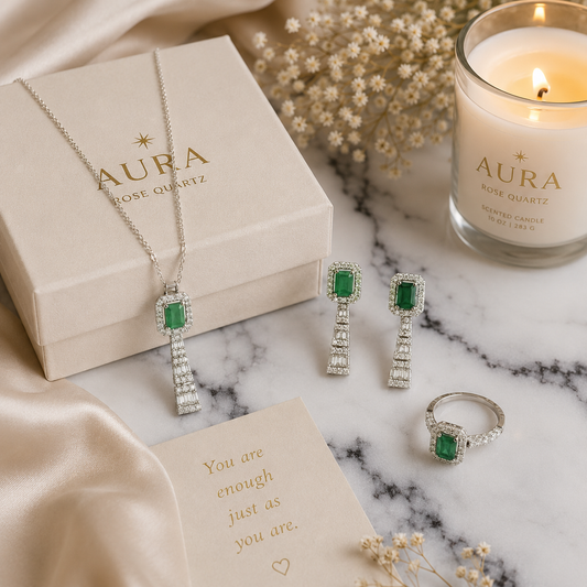 White Gold Emerald Halo Articulated Jewelry Set