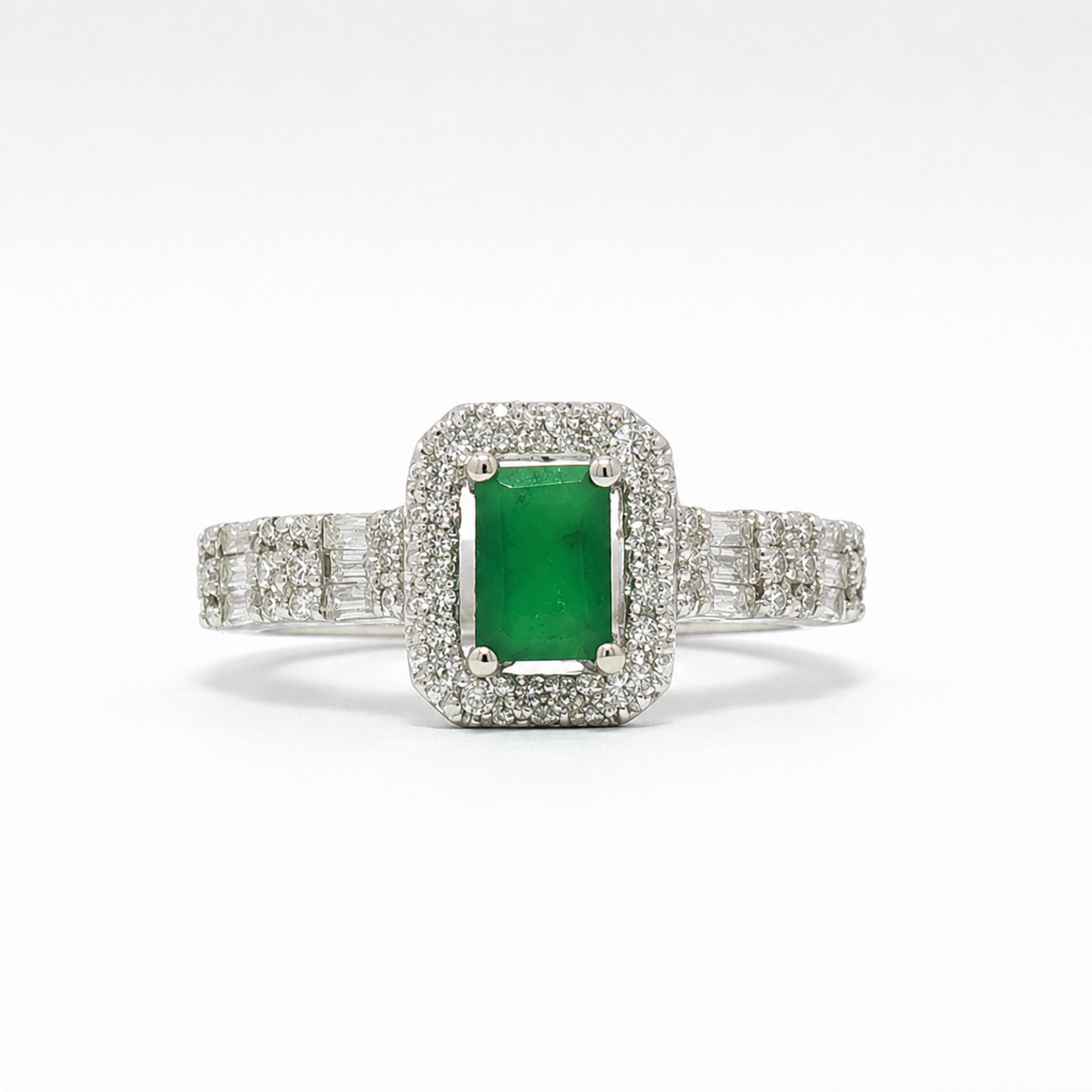 White Gold Emerald Halo Articulated Jewelry Set