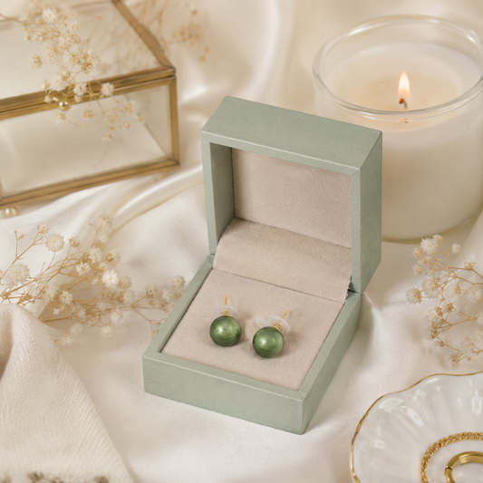 Green Pearl Stud Earrings in Yellow Gold