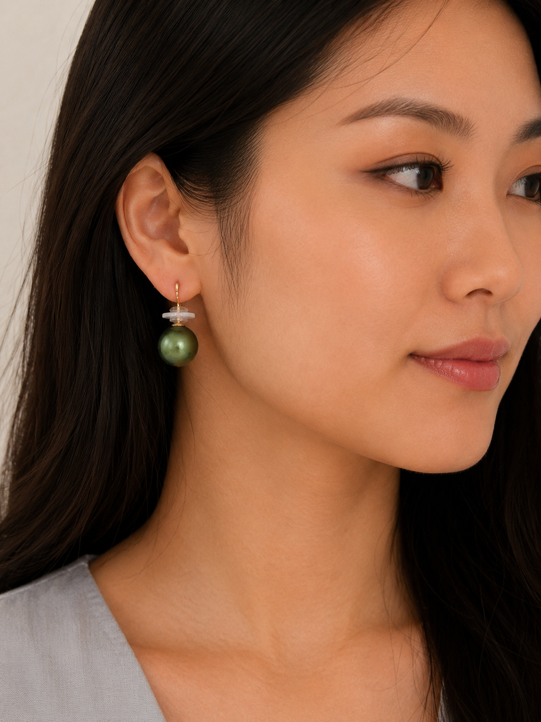 Green Pearl Stud Earrings in Yellow Gold