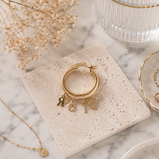 Yellow Gold Hoop Earrings with Dangling D Charms