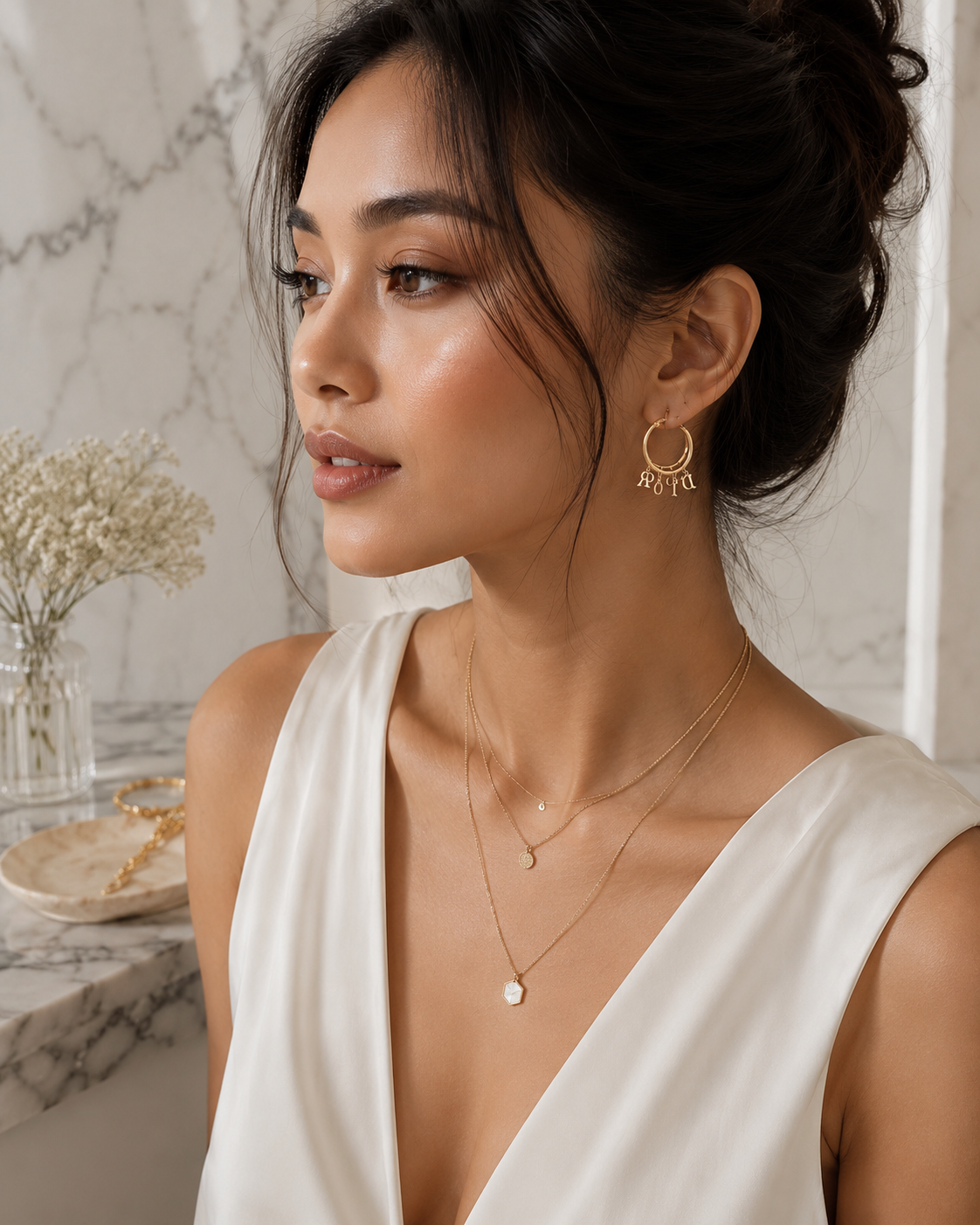 Yellow Gold Hoop Earrings with Dangling D Charms