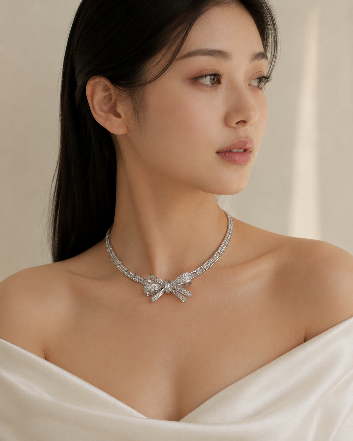 White Gold Diamond Bow Collar Necklace