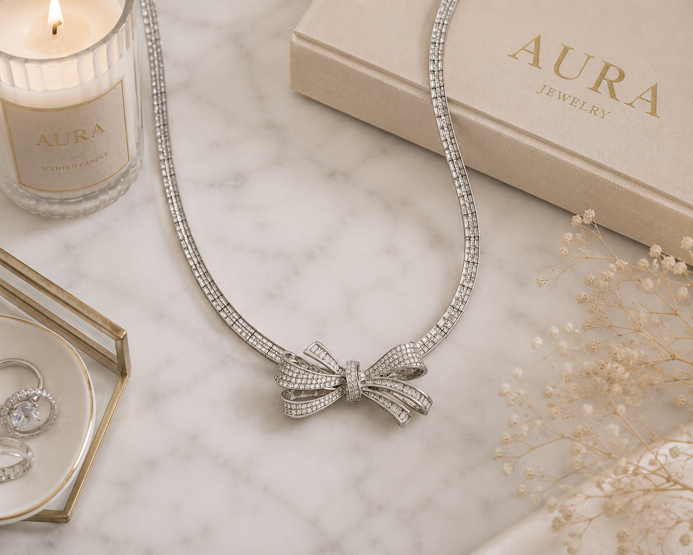 White Gold Diamond Bow Collar Necklace