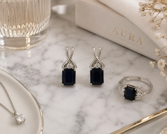 Deep Blue Sapphire Drop Earrings and Ring in White Gold