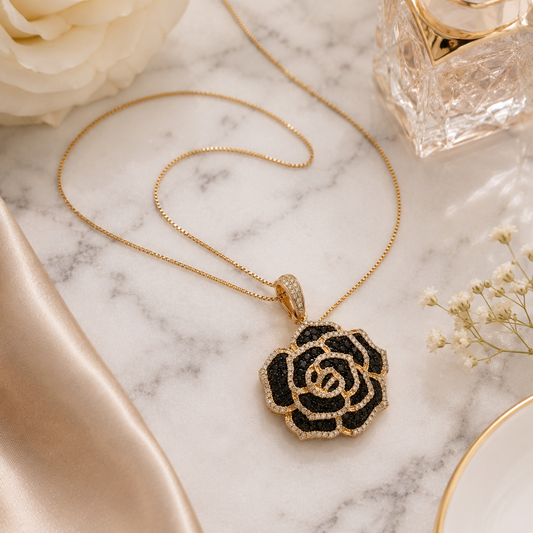 Rose Gold Black Diamond Floral Pendant Necklace