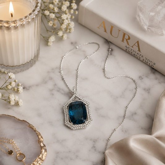 White Gold Blue Topaz Geometric Halo Pendant