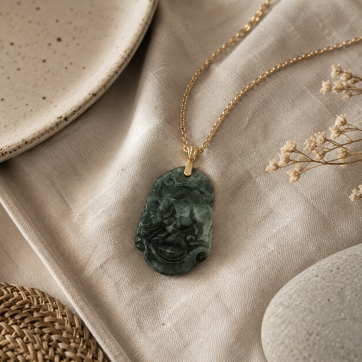 Carved Snake Design Jade Pendant in Yellow Gold