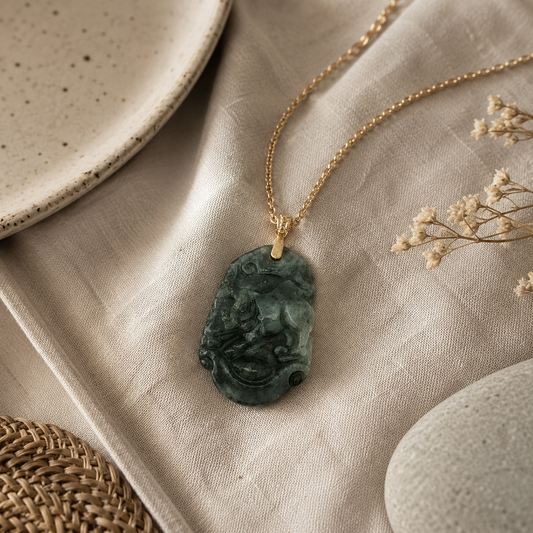 Carved Snake Design Jade Pendant in Yellow Gold