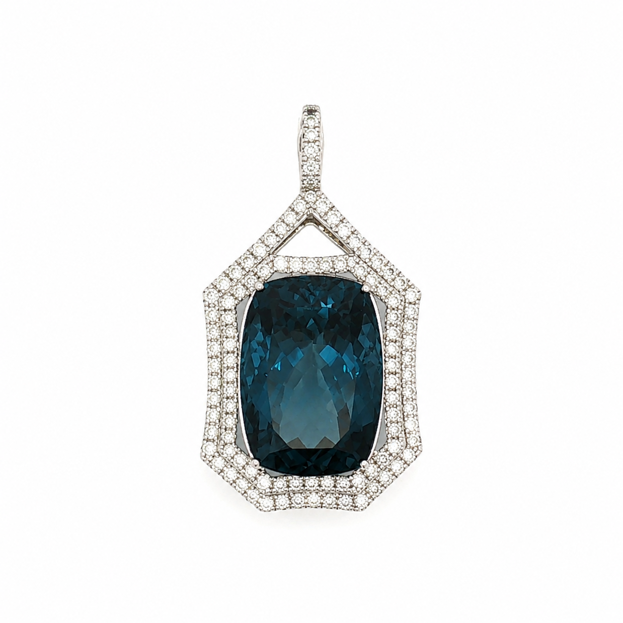 White Gold Blue Topaz Geometric Halo Pendant