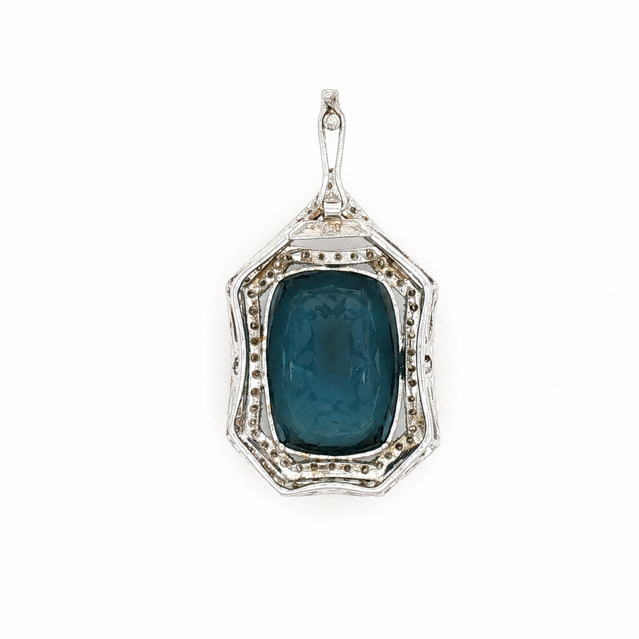 White Gold Blue Topaz Geometric Halo Pendant