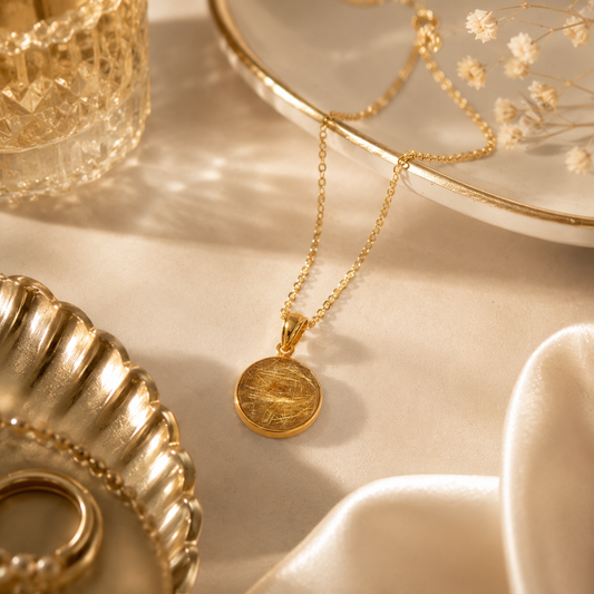 Round Rutilated Quartz Bezel Pendant in Yellow Gold