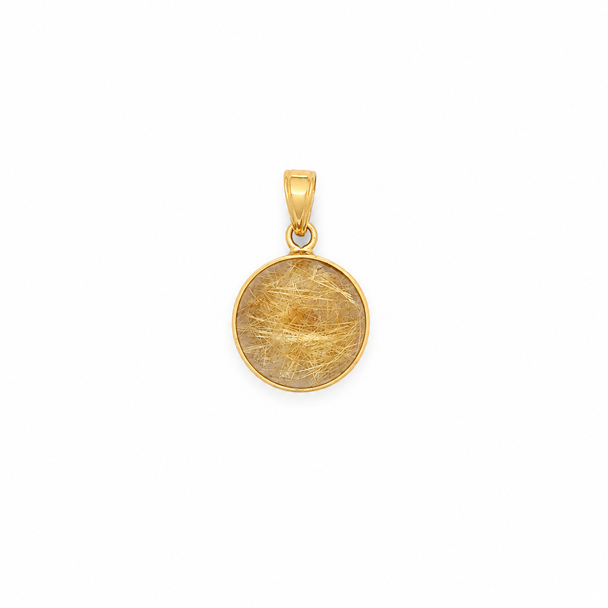 Round Rutilated Quartz Bezel Pendant in Yellow Gold
