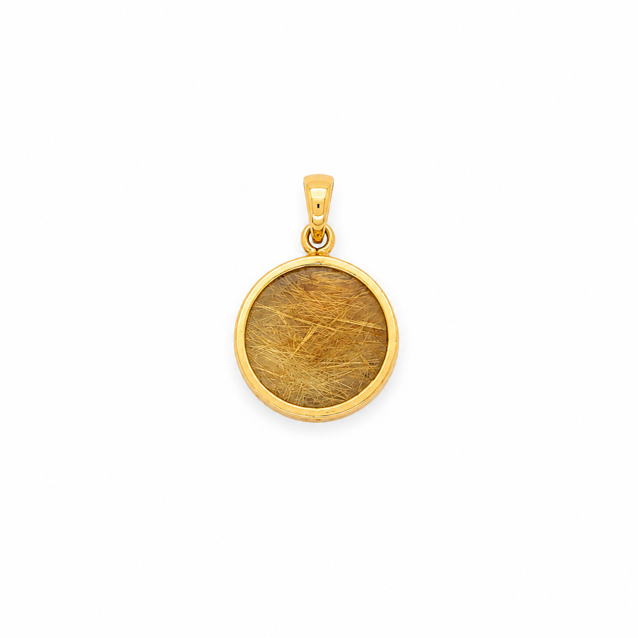 Round Rutilated Quartz Bezel Pendant in Yellow Gold