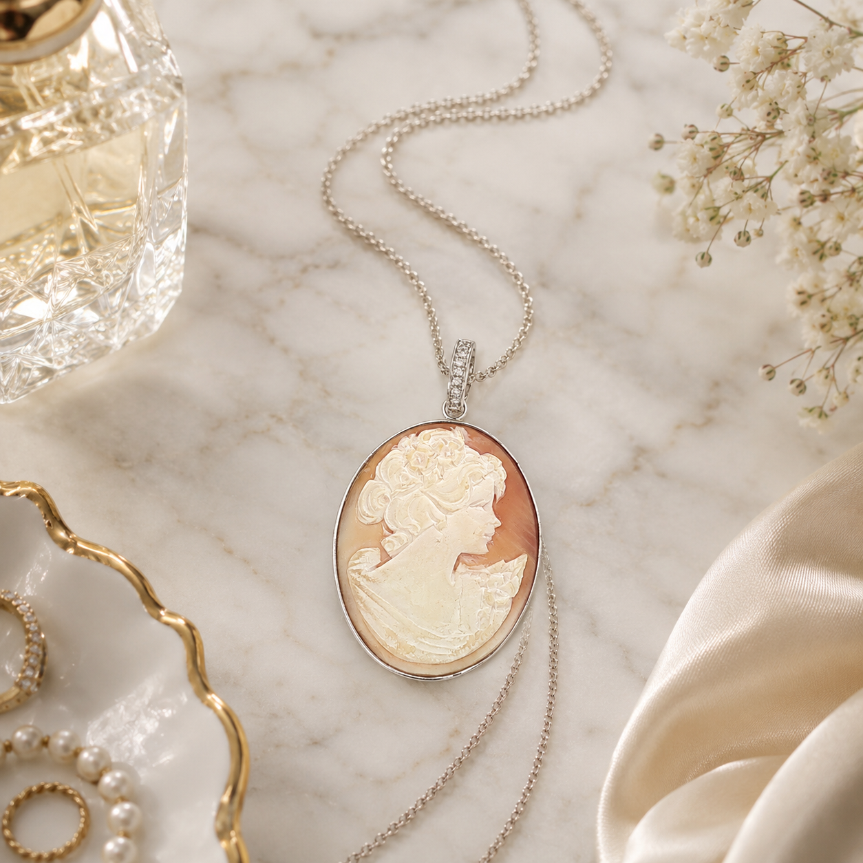 White Gold Agate Cameo Pendant with Diamond-Accented Bail