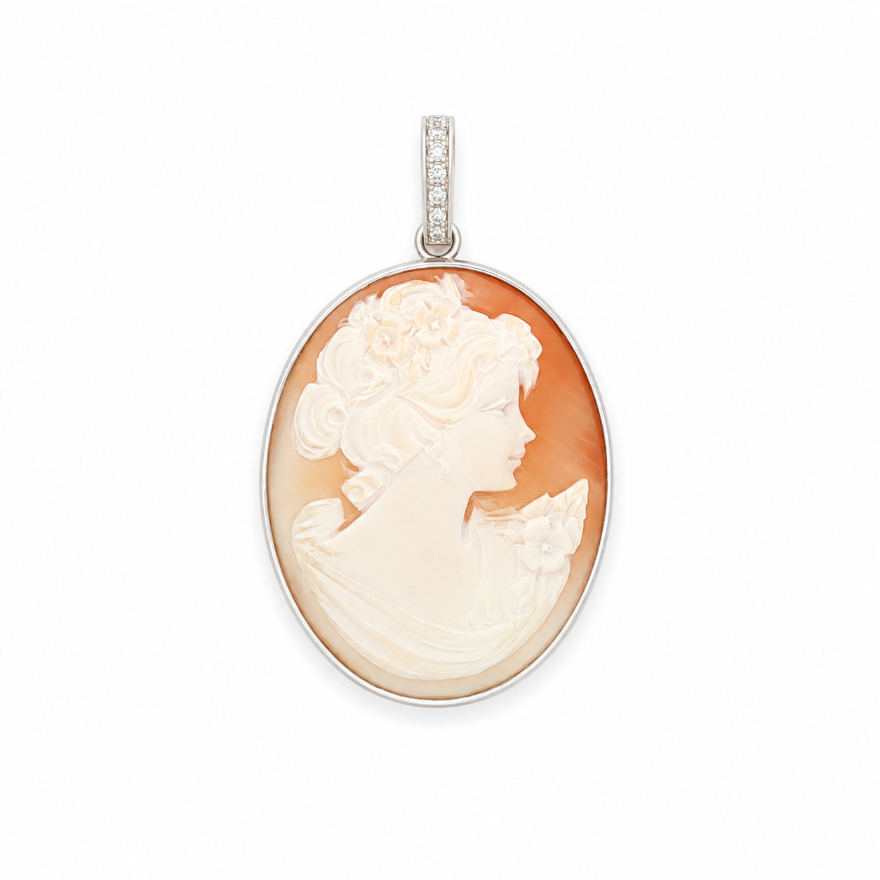White Gold Agate Cameo Pendant with Diamond-Accented Bail