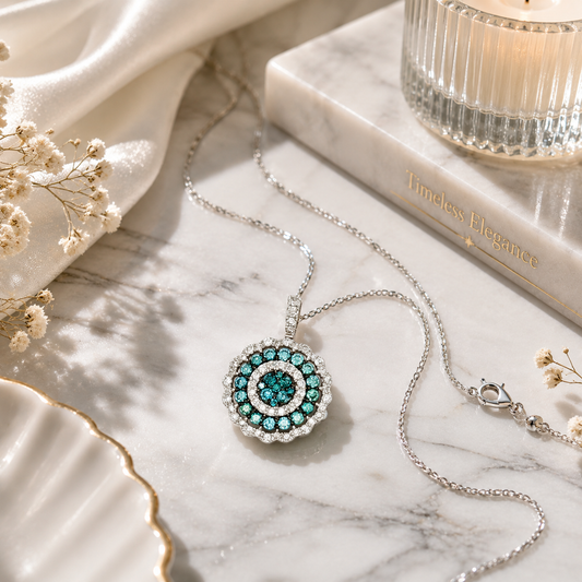 Fancy Blue Diamond Concentric Halo Pendant in White Gold