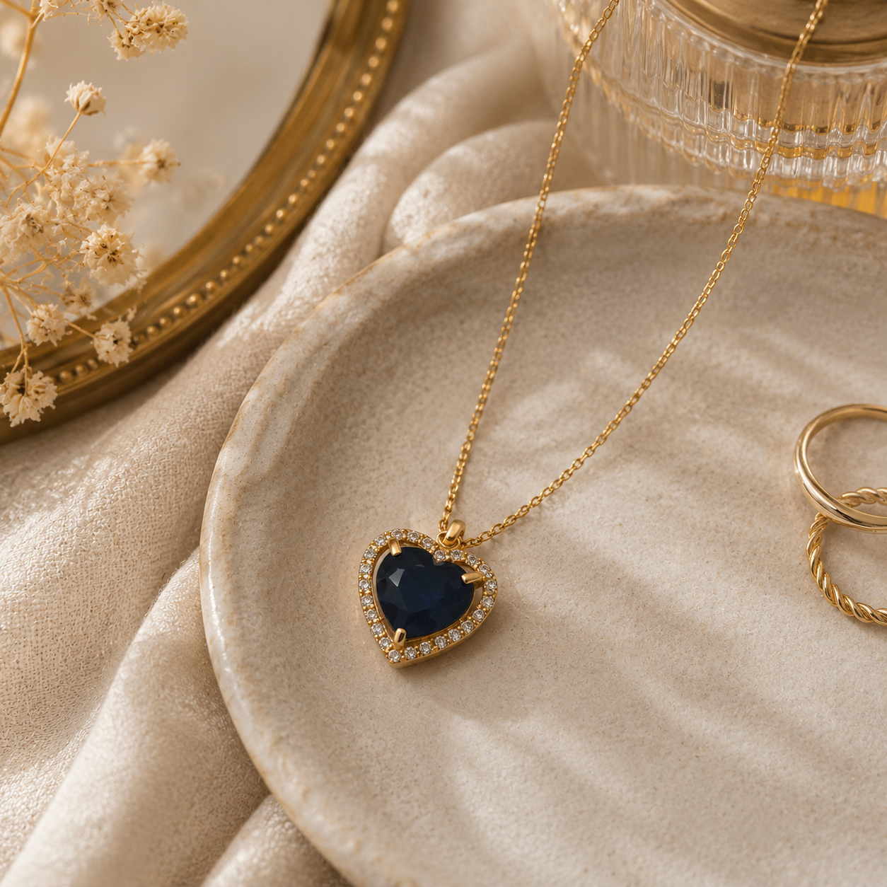 Yellow Gold Heart-Shaped Deep Blue Sapphire Halo Pendant