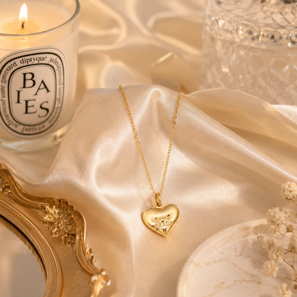 Yellow Gold Prada Engraved Heart Pendant