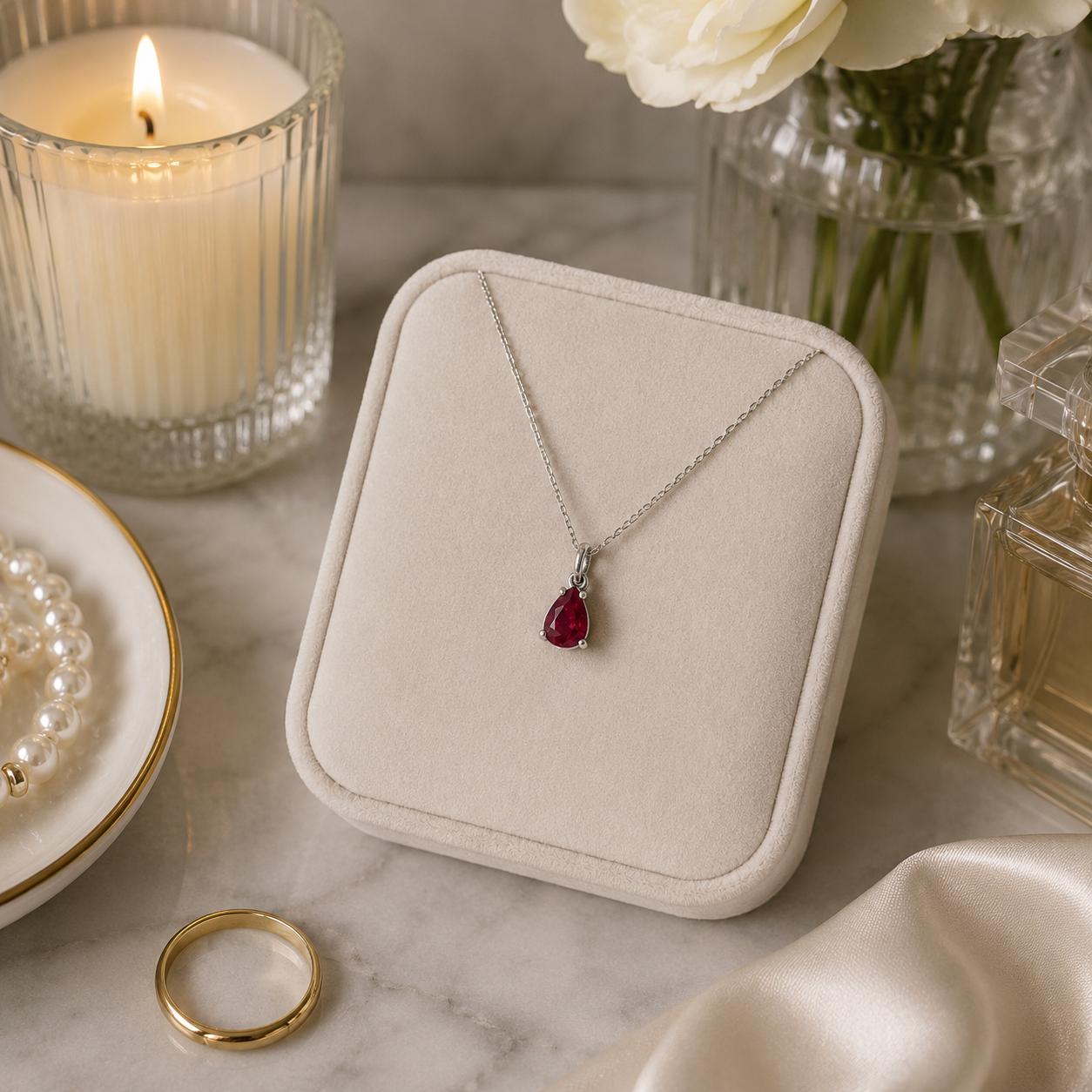 Pear-Shaped Ruby Pendant in White Gold