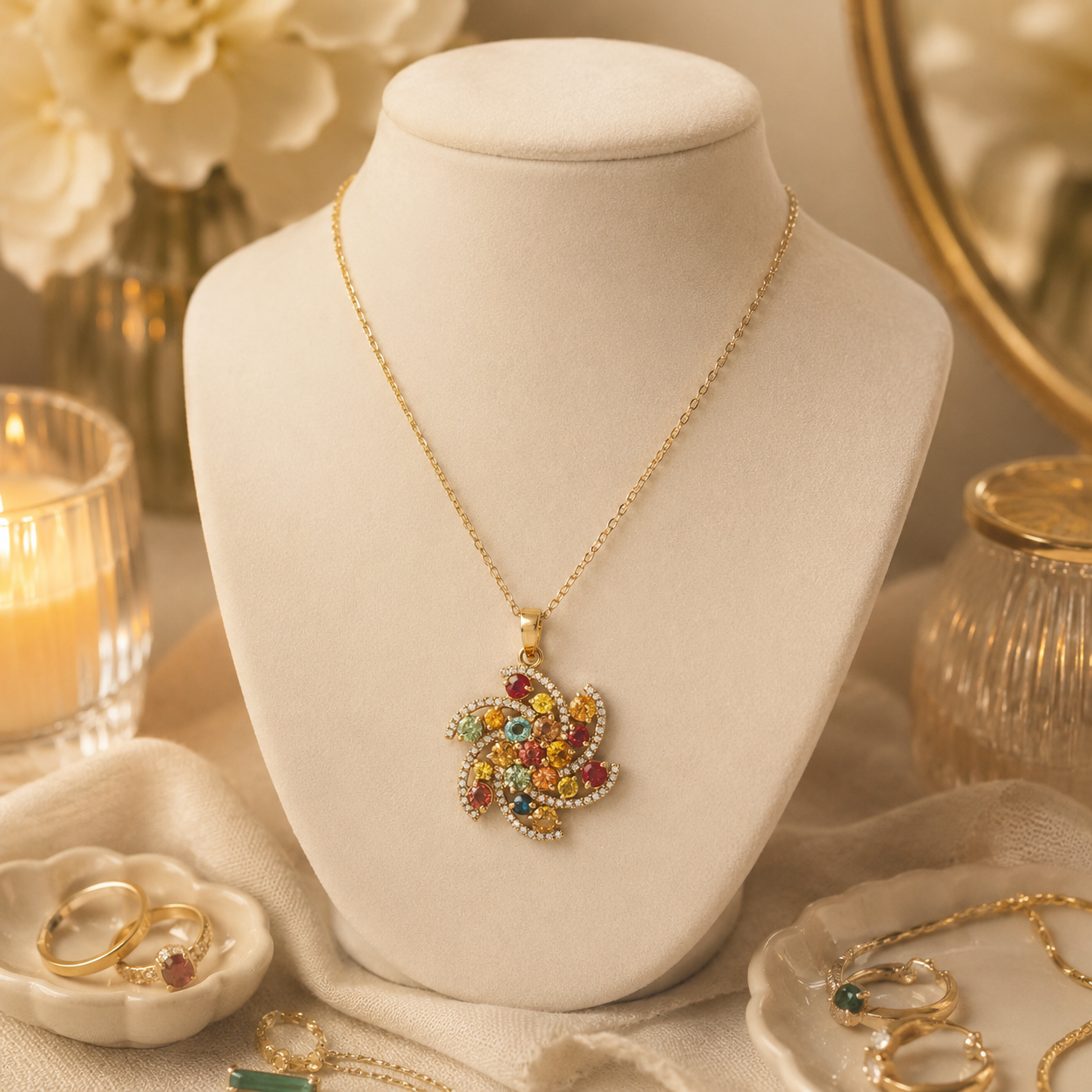 Yellow Gold Multi-Color Sapphire Starburst Pendant