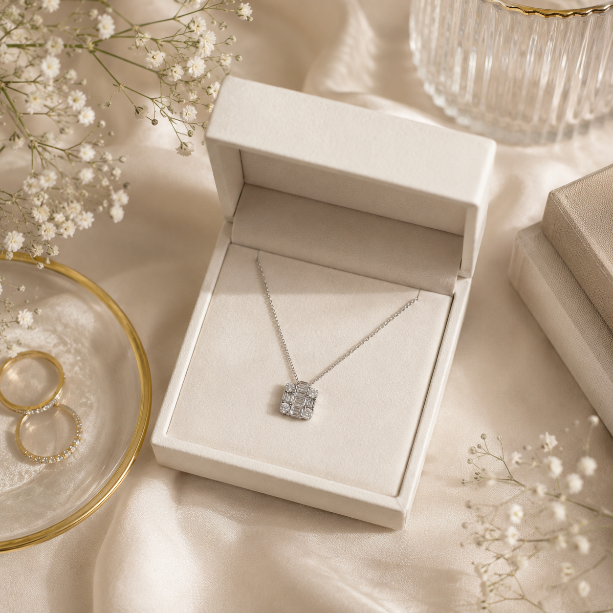 Diamond Illusion Cluster Necklace Pendant — White Gold