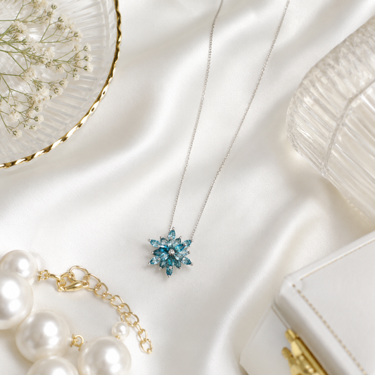 White Gold Blue Topaz Floral Cluster Cocktail Pendant
