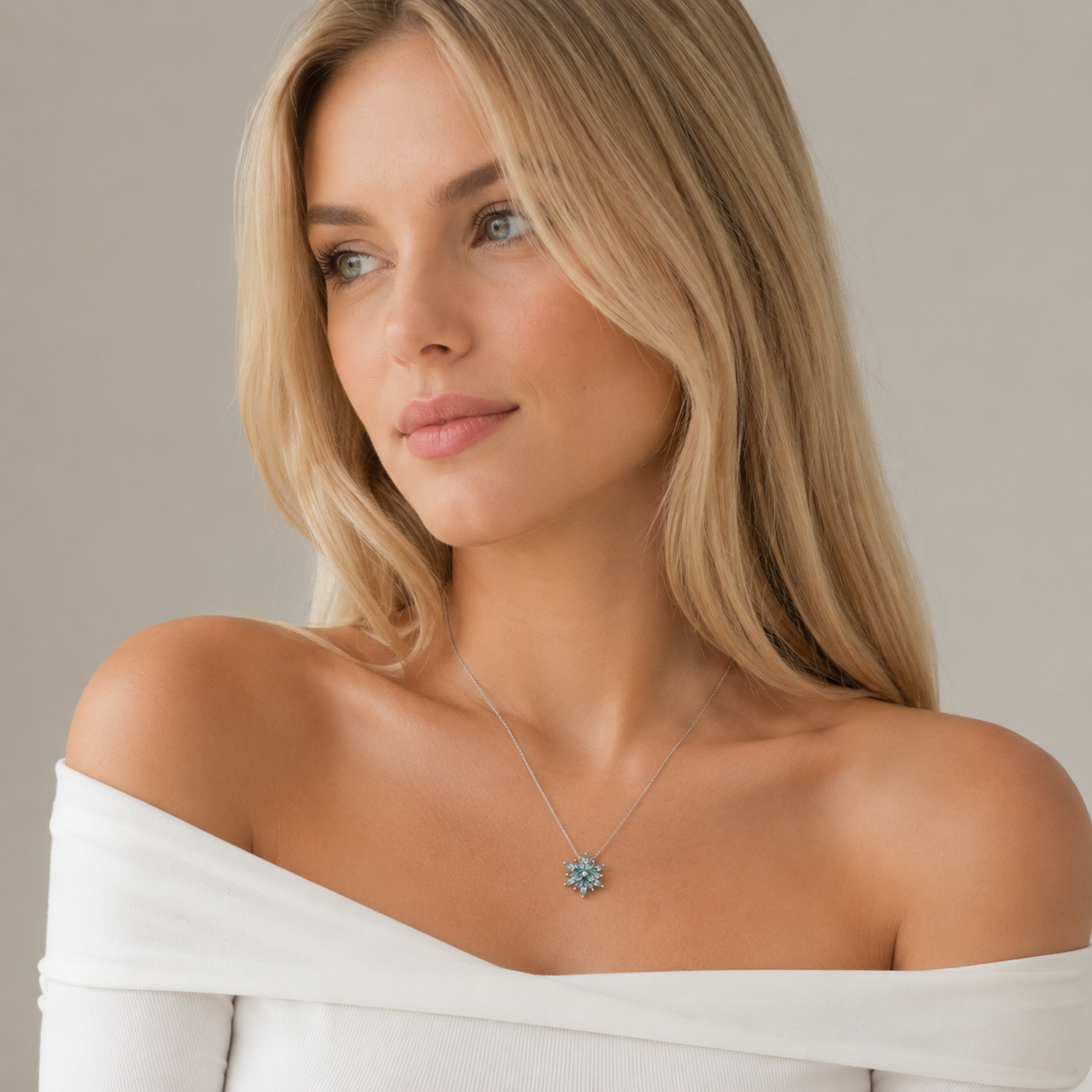 White Gold Blue Topaz Floral Cluster Cocktail Pendant