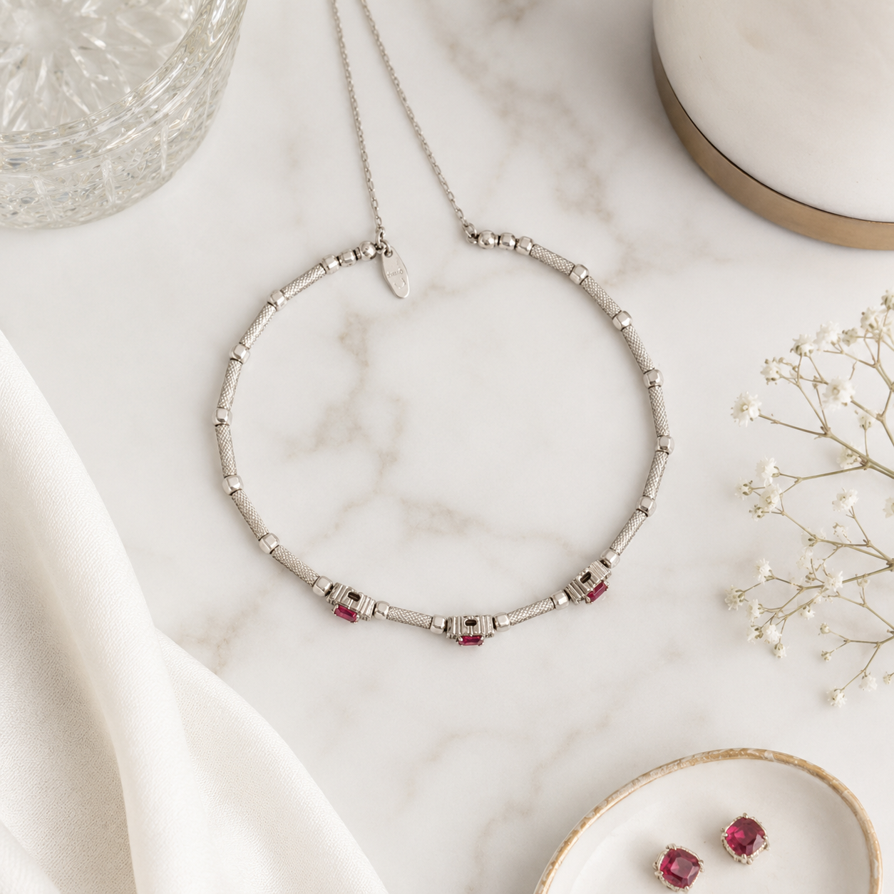 White Gold Textured Choker Necklace with Three Red Rubies