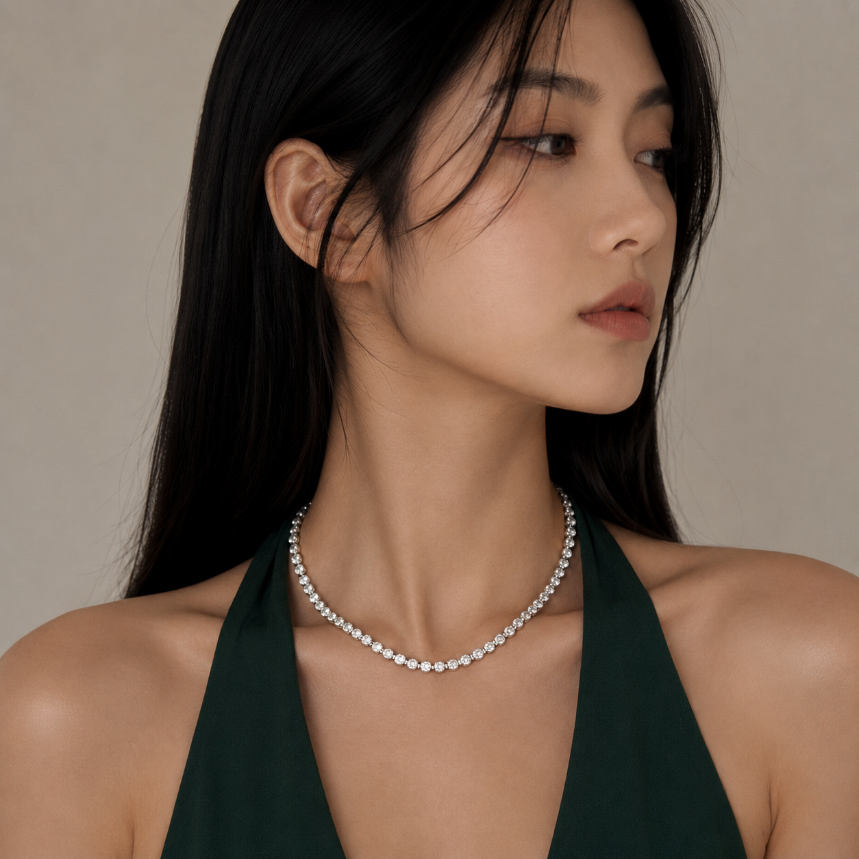 Bezel-Set Diamond Tennis Necklace in White Gold