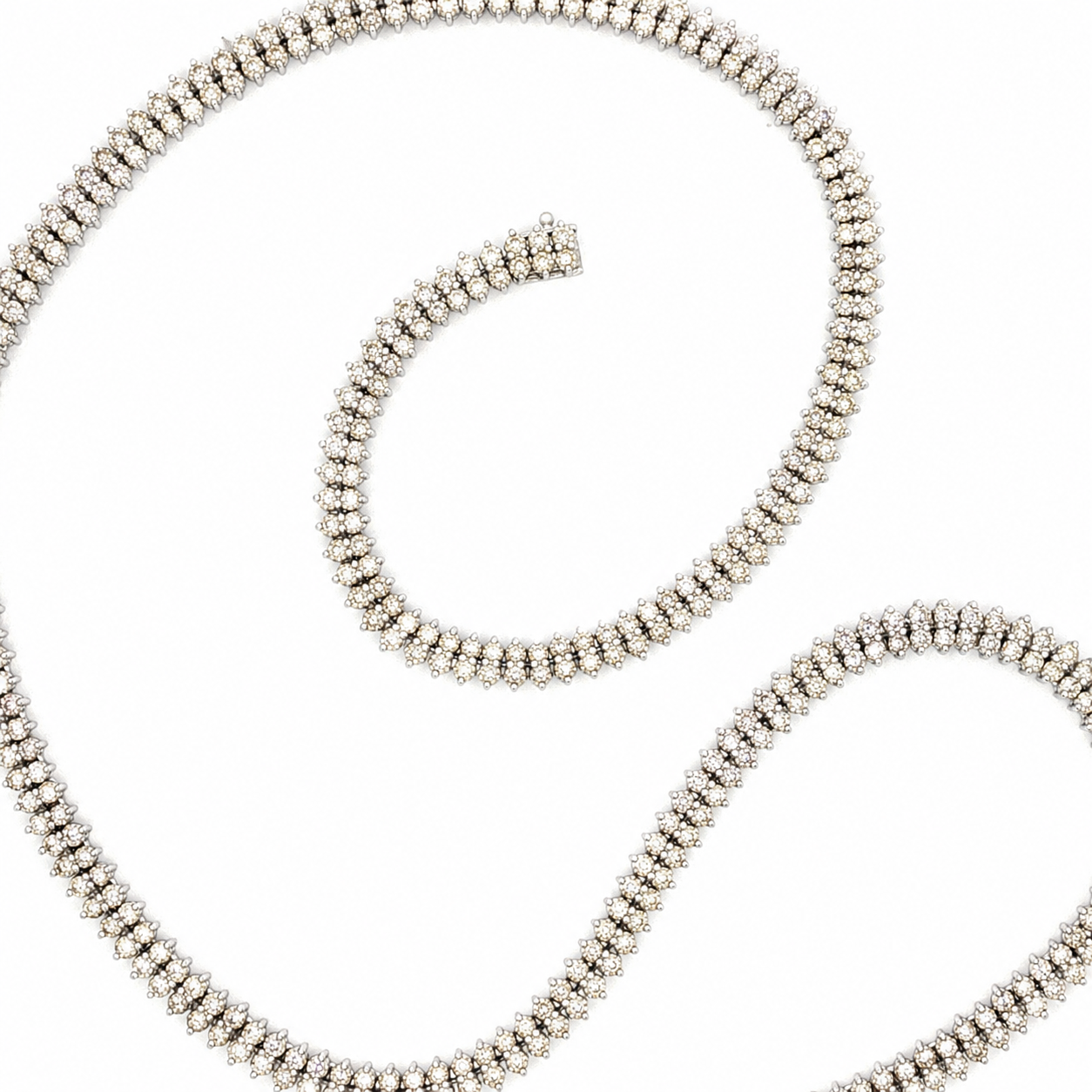 Clustered Double Row Diamond Tennis Necklace in White Gold