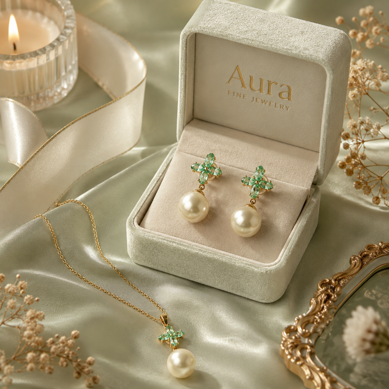 Yellow Gold Pearl Drop Pendant and Earrings with Green Stone Motif