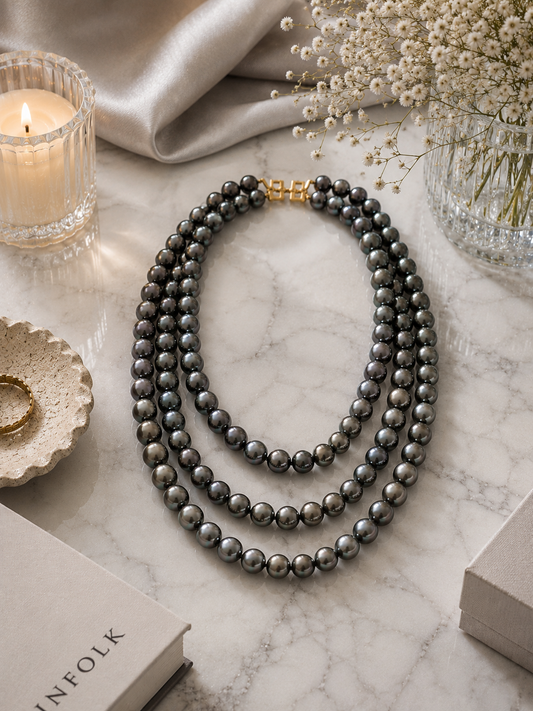 Three-Strand Dark Pearl Layered Necklace with Yellow Gold Clasp