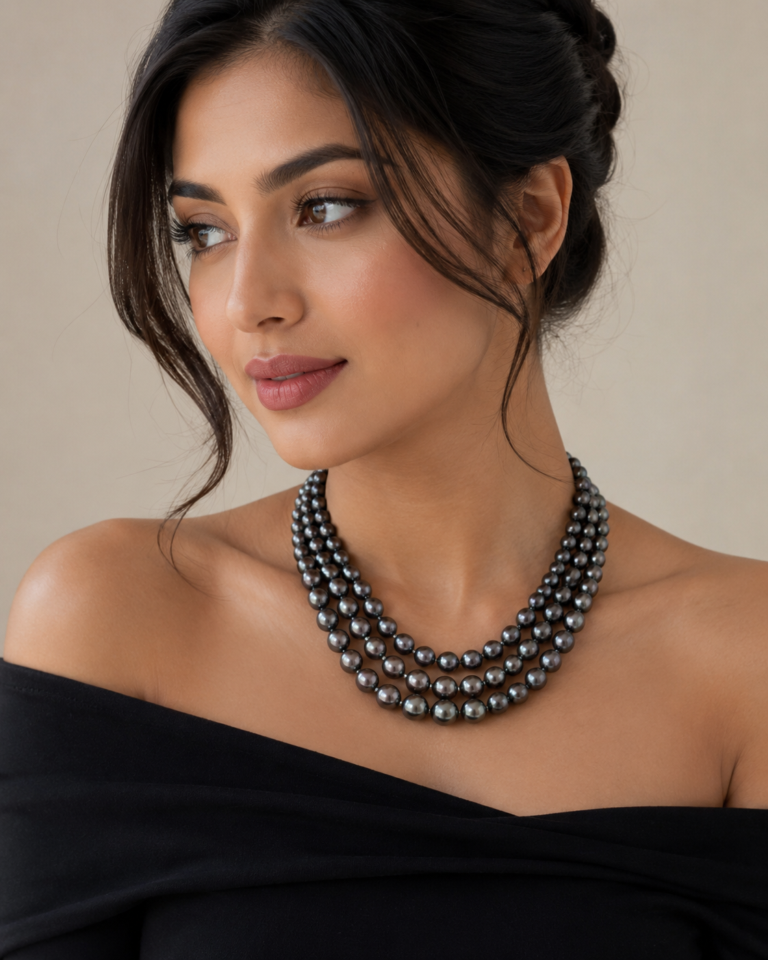 Three-Strand Dark Pearl Layered Necklace with Yellow Gold Clasp
