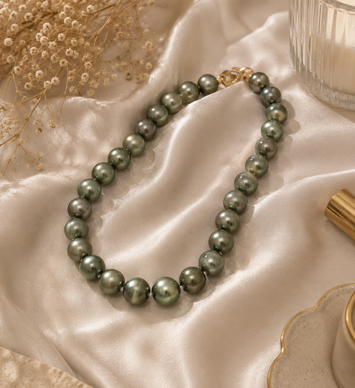 Textured Dark Pearl Strand Necklace with Yellow Gold Clasp