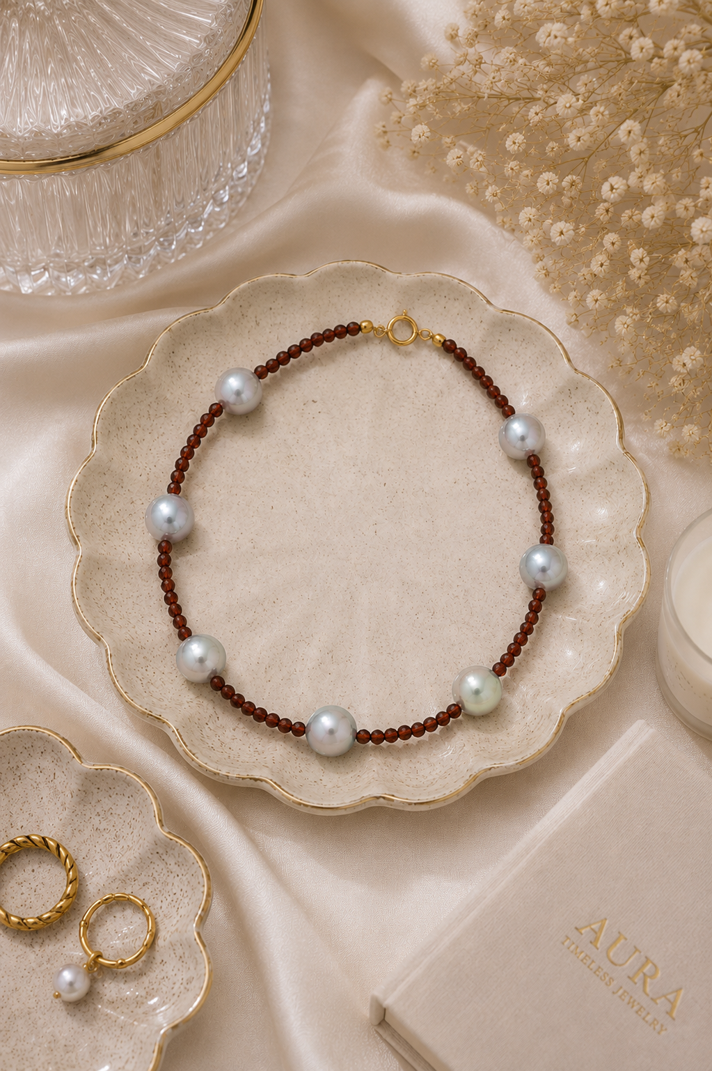 Station Pearl and Faceted Bead Necklace in Yellow Gold