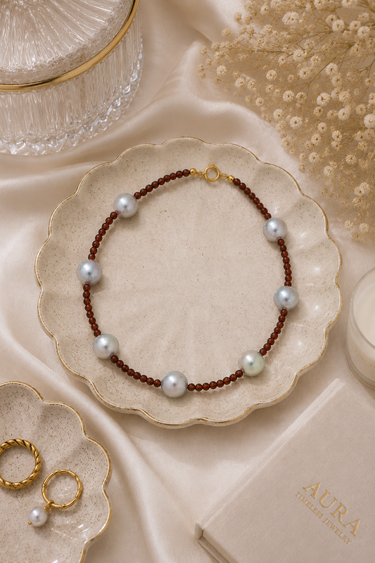 Station Pearl and Faceted Bead Necklace in Yellow Gold