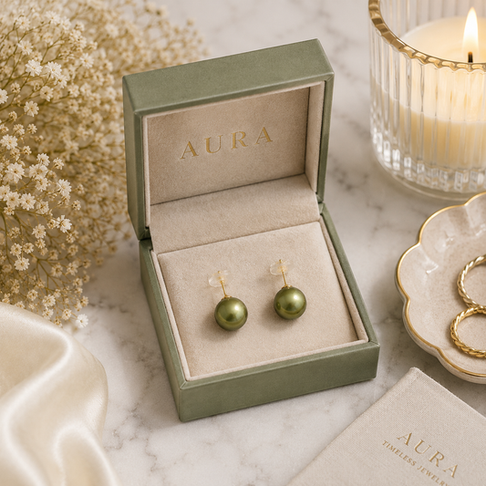 Green Pearl Stud Earrings in Yellow Gold
