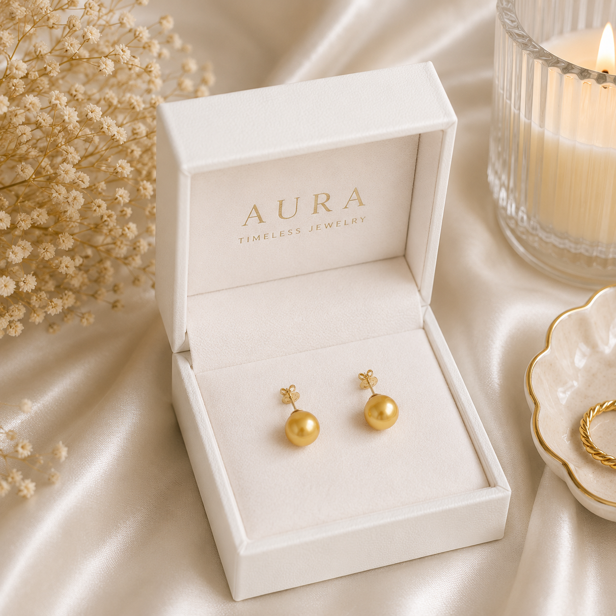 Golden Pearl Stud Earrings in Yellow Gold