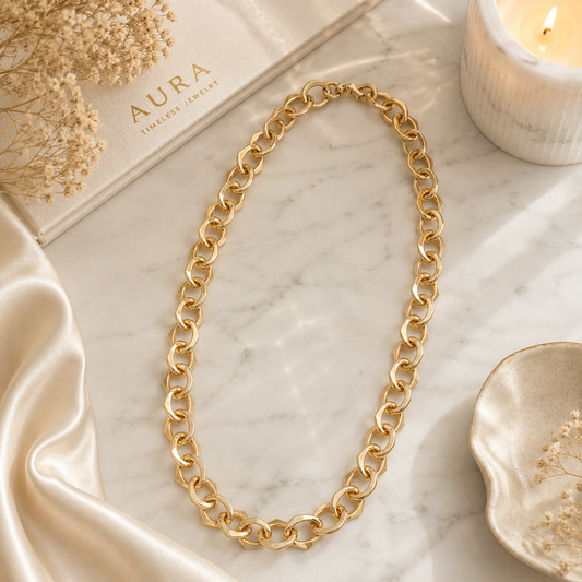 Alternating Geometric Link Chain Necklace in Yellow Gold