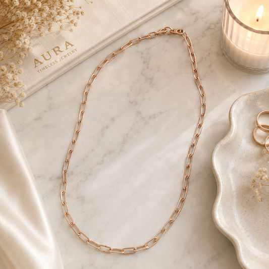 Elongated Link Paperclip Chain Necklace in Rose Gold