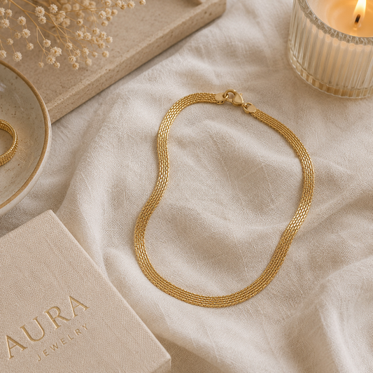 Yellow Gold Woven Mesh Link Chain Necklace