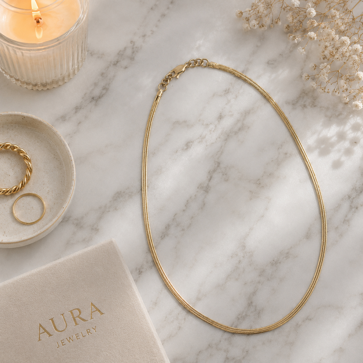 Yellow Gold Flat Snake Chain Necklace