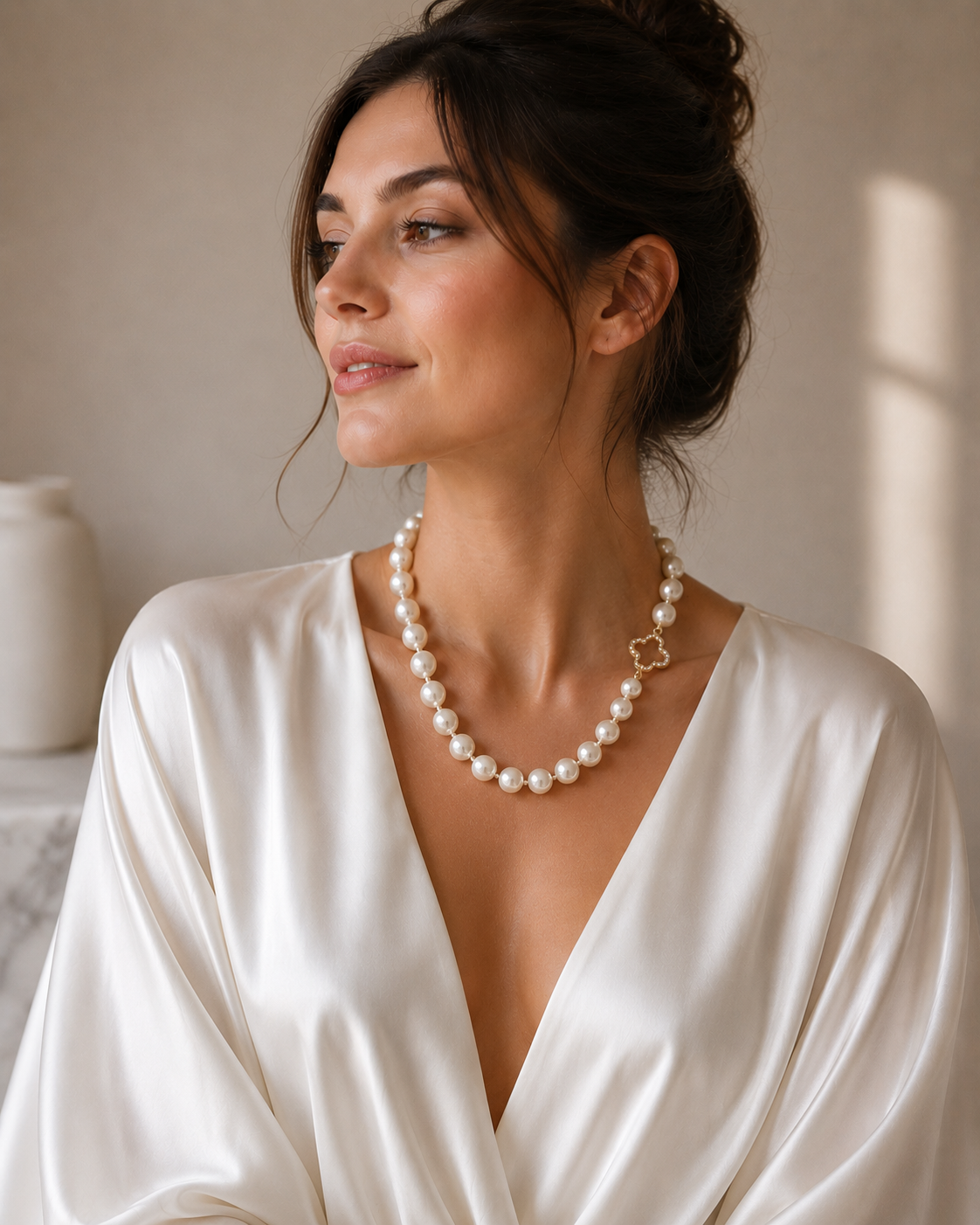 Pearl Strand Necklace with Yellow Gold Clover Clasp